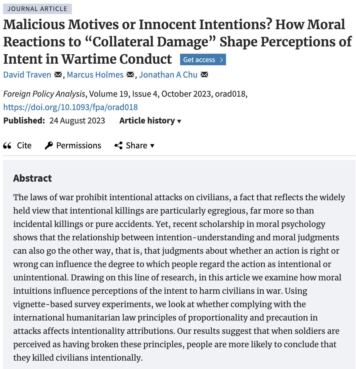 Do international principles impact how we view civilian killings? David Traven, @Prof_MHolmes , & Jonathan A Chu use vignette-based survey experiments to see how moral intuitions influence perceptions of the intent to harm civilians in war. #ForeignPolicy academic.oup.com/fpa/article-ab…