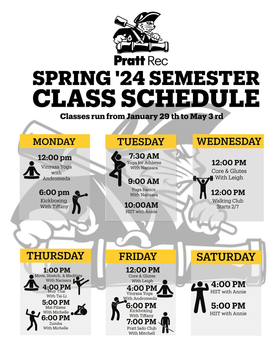 PrattRecWell's tweet photo. Please see our Spring Fitness Schedule! Please register through Pratt Engage, the Pratt Rec App, or https://t.co/GzViMaP37U https://t.co/Gy07HXouF5