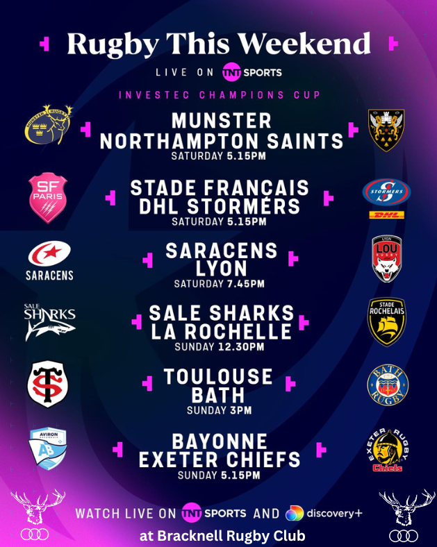 GoBRFC's tweet photo. This weekend its Round 4 of the @ChallengeCup_ with @PremRugby sides in action . All games will be shown in the #stagbar LIVE on @rugbyontnt
#InvestecChampionsCup #Rugby #RugbyUnion #ChampionsCup #Schedule #Timings #RoundFour #rugbylife #rugbyworld https://t.co/KLSkk3E9TM