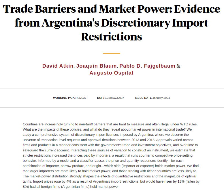 Foreign market power is rife in determining Argentina’s import prices, as revealed by firm level responses to widespread import licenses, from @davidgatkin, @joaquinblaum, Pablo D. Fajgelbaum, and @aospital nber.org/papers/w32037