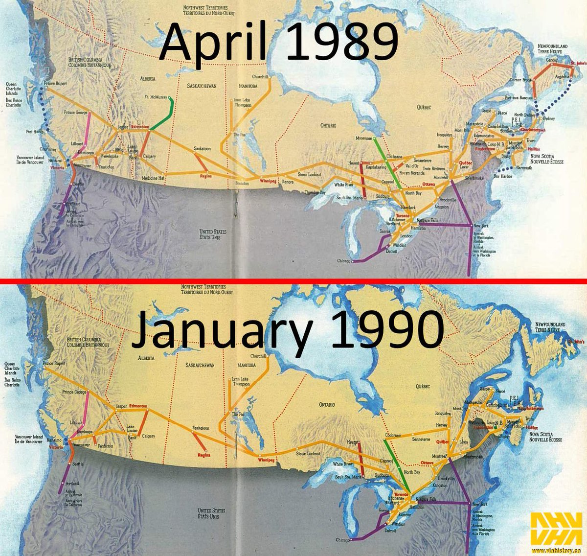 34 years ago today, due to cuts by the Mulroney government of 55% of the VIA subsidy, VIA Rail drastically reduced service. And has never been the same since. What Ford, Smith, Moe and other Conservative cuts will be talked about in 2050? 2024? VIA, before/after