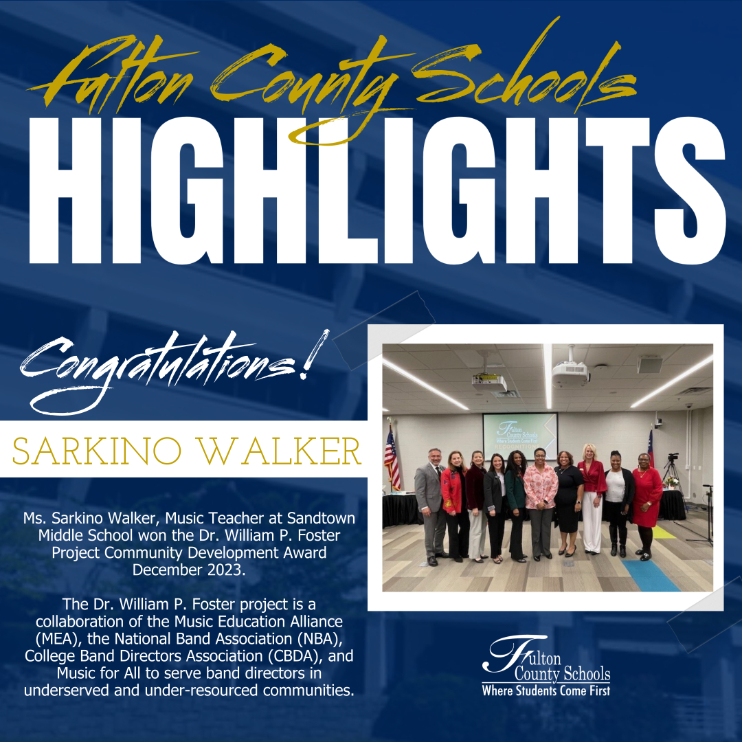 Congratulations to @SandtownMS Music Teacher Ms. Sarkino Walker. Ms. Walker won the Dr. William P. Foster Project Community Development Award December 2023 at the Midwest International Band and Orchestra Clinic held in Chicago, Illinois. #FCShighlights