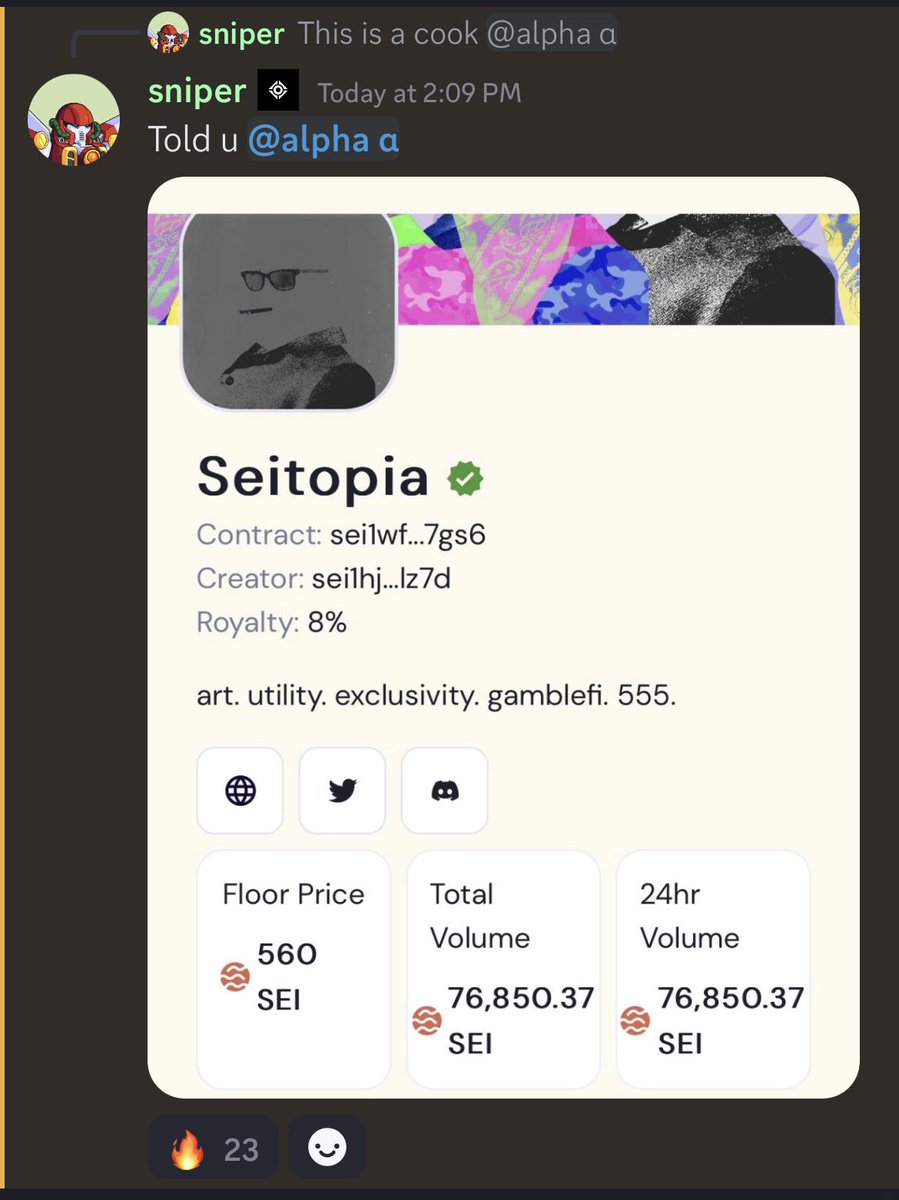 another W for <a href="/SniperDAO/">SniperDAO</a> 

25 spots free mint → 560 SEI fp 

it’s not hard to get in

I see you engaging = you get invite in dm