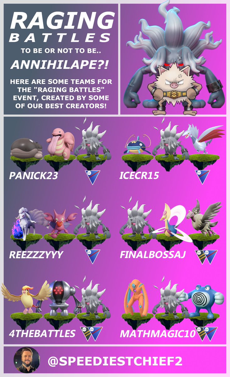 Are you ready for the "Raging Battles" event this weekend?? 👀

Here are some ELITE Annihilape teams from top trainers in our community. 🥊👻

Which one is your favorite? 🤔

Credit: <a href="/PanicK23_/">PanicK23</a> @icecr1s <a href="/Reezzzyyyy_/">💎Reezy🔥</a> <a href="/A_J_Andrews/">A.J. "The Queen of Ice" Andrews ⚧️♀️🏳️‍🌈</a> <a href="/4TheBattles/">Kimberly aka 4TheBattles</a> <a href="/Mathmagic10/">Mathmagic10 PoGo PVP</a>

#PokemonGO