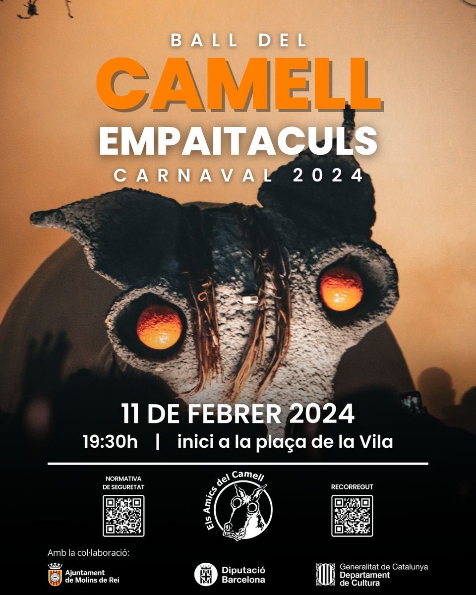 🧡 Ja el tenim aquí! L'Empaitaculs del Carnaval d'aquest any serà el pròxim diumenge 11 de febrer amb inici a la plaça de la Vila a les 19:30h.🧡
#camellmolins #carnavalmolins #empaitaculsdelcamell #somcamell #femelcamell