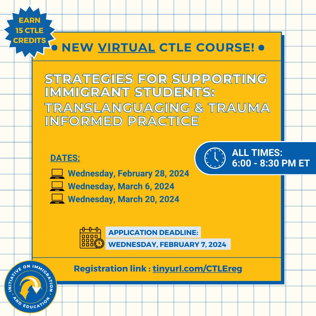 cuny_iie's tweet photo. Exciting news! Join our NEW CTLE course: "Strategies for Supporting Immigrant Students." ๐ Explore trauma-informed practices, translanguaging, and literacy in K-12 classrooms. The course will be held online on Zoom.
Details: https://t.co/2MZt6xaELn
#CTLECourse #CTLE #Education https://t.co/hL1JRvZw5t