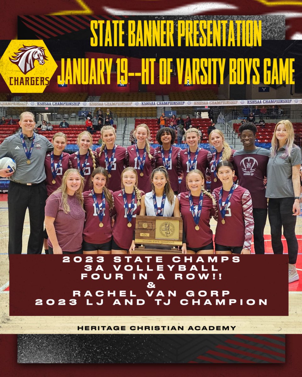 Please join us at halftime of the varsity boys game tomorrow as we celebrate more state championships.  We will recognize Rachel Van Gorp who picked up two more state titles in track last spring and the VB team on their 4th straight (6th overall) state title.