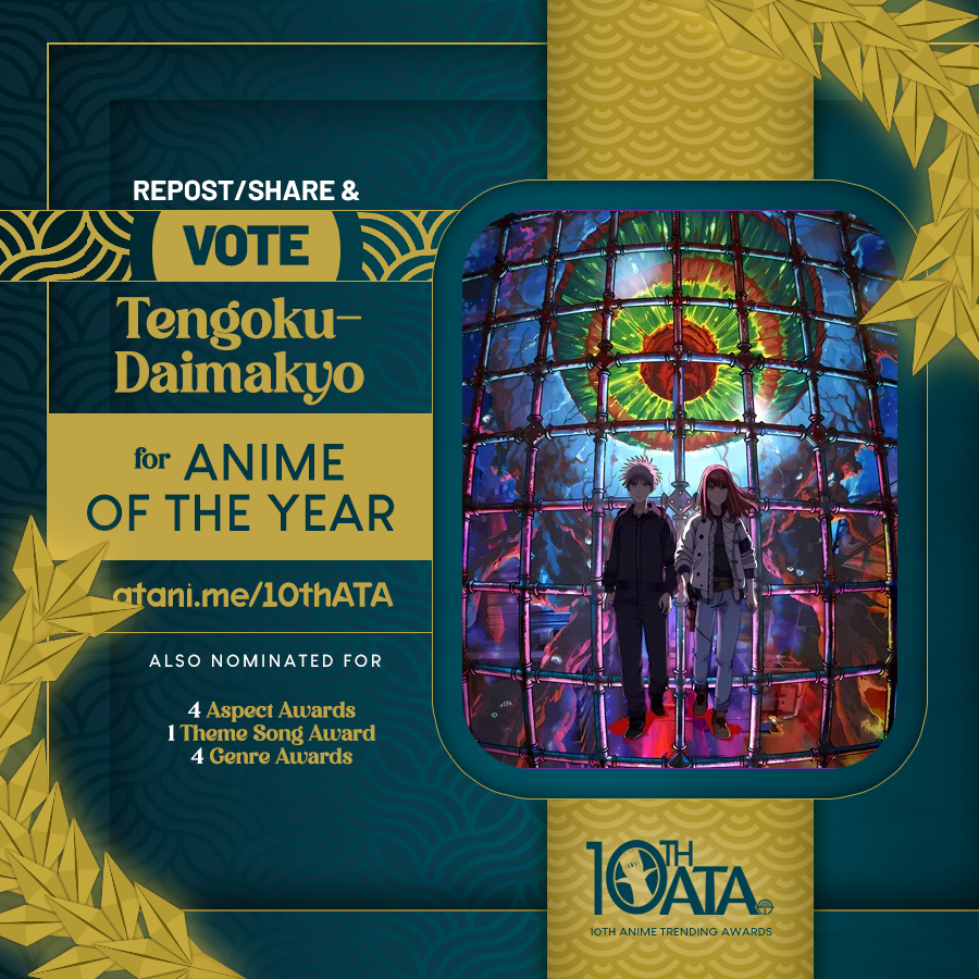 AniTrendz's tweet photo. #10thATA: Tengoku-Daimakyo is vying for the Anime of the Year 2023 Title + 9 more awards in the 10th Anime Trending Awards!  In our Spring 2023 Awards, it won Anime of the Season. #天国大魔境 

Vote for it here 👉https://t.co/0o2Dx6TtgJ https://t.co/chn9LV5blK