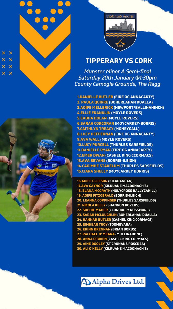 Best of luck to our own club girls Danielle Butler, Lucy Heffernan and Danielle Ryan playing against cork Saturday 20th @1.30 in the Ragg. @camogietipp