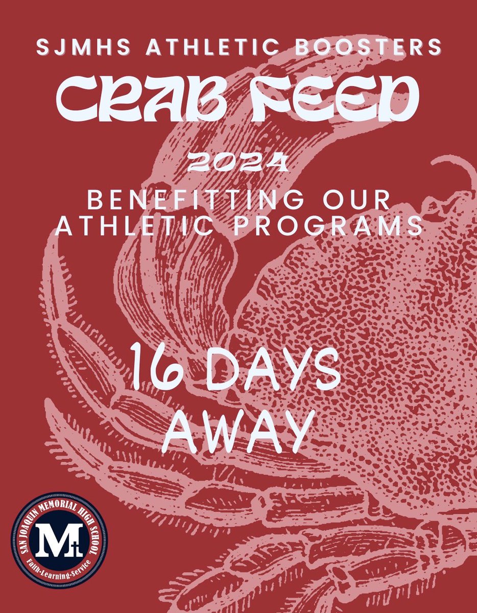 sjmhs's tweet photo. We are only 16 days away from our Annual Crab Feed!

We look forward to seeing you at our Annual Crab Feed 2024 on February 10! #savethedate #crabfeed #seeyouthere https://t.co/beOZ02uwBO