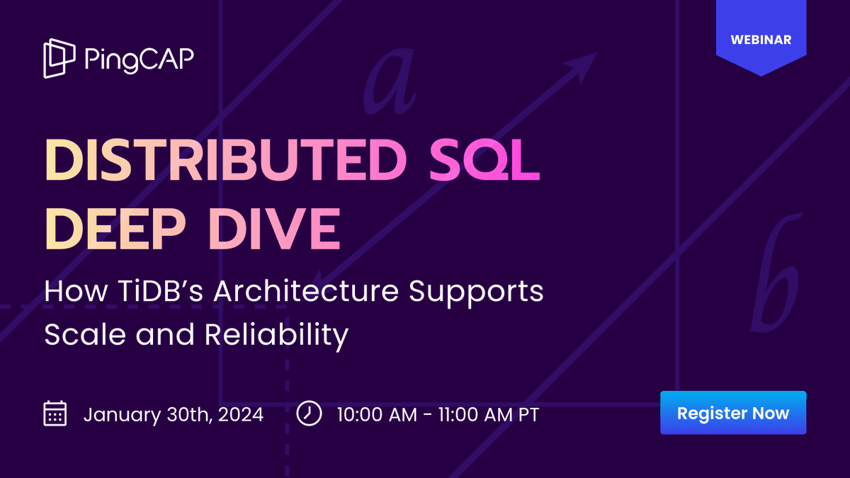 golangwink's tweet image. 🧑💻 New webinar alert! Take a Distributed SQL Deep Dive 🤿 on Tuesday, January 30 with PingCAP Software Engineer Alex Feinberg!
Get expert insights into the architectural characteristics that give TiDB its scalability and reliability.
#DistributedSQL social.pingcap.com/u/5ogOKH