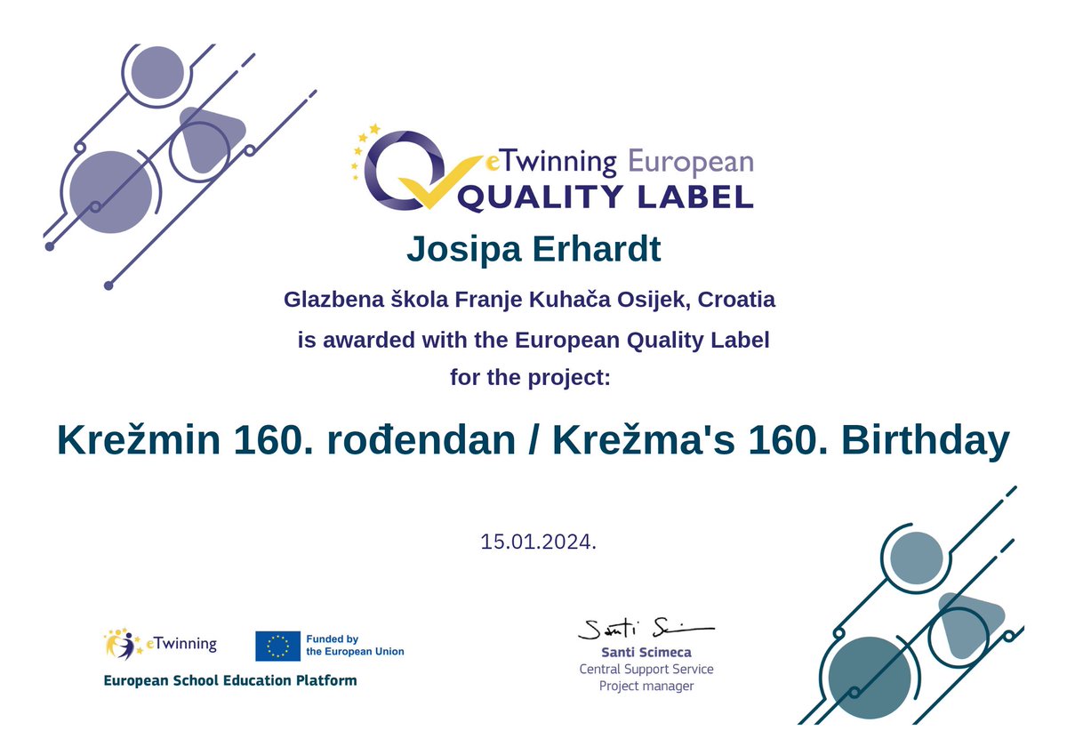 European Quality Label for my first eTwinning project as an author. 🥳 #eTwinning #Project #Krežma #gšfk #violin