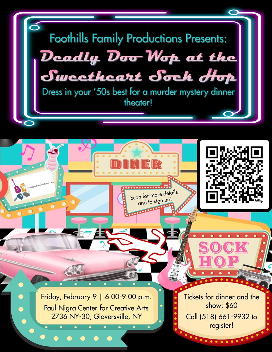 Mark your calendars – the #NigraArtsCenter is welcoming Foothills Family Productions back for a Murder Mystery Dinner Theater on Feb. 9! Dress up in your 1950s best &amp; help us solve the crime! $60 admission includes dinner &amp; a show. More info &amp; tickets at bit.ly/PNCCASockHop.