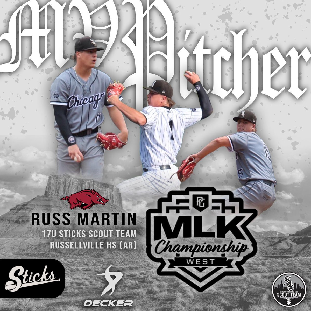Sticks Baseball (@ar_sticks) on Twitter photo Congratulations to 2025 RHP <a href="/RussMar27/">Russ Martin</a> from Russellville HS on winning the MVPitcher Award at the <a href="/PerfectGameUSA/">Perfect Game USA</a> MLK West in Phoenix, AZ this past weekend.
The <a href="/RazorbackBSB/">Arkansas Baseball</a> commit went 3 innings, 7 Ks, 1 hit in a second round playoff performance for Sticks 17U Sawyer.
#WPAE Congratulations to 2025 RHP <a href="/RussMar27/">Russ Martin</a> from Russellville HS on winning the MVPitcher Award at the <a href="/PerfectGameUSA/">Perfect Game USA</a> MLK West in Phoenix, AZ this past weekend.
The <a href="/RazorbackBSB/">Arkansas Baseball</a> commit went 3 innings, 7 Ks, 1 hit in a second round playoff performance for Sticks 17U Sawyer.
#WPAE