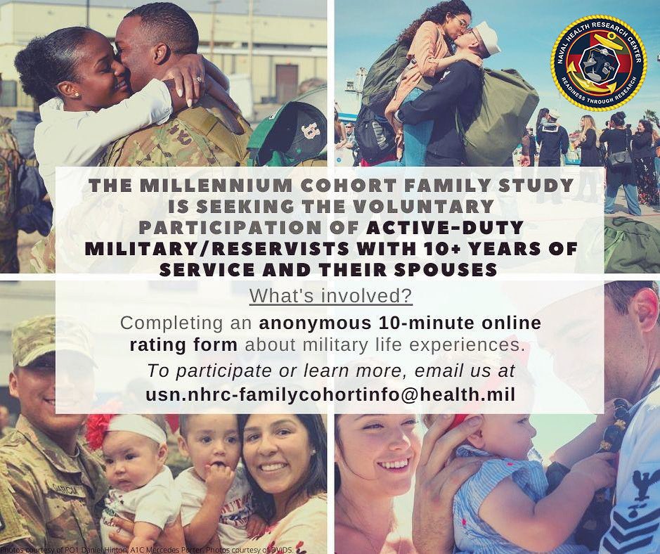 Naval Health Research Center (@nh_rc) on Twitter photo The Millennium Cohort Family Study is seeking the voluntary participation of active-duty military/reservists with 10+ years of service and their spouses.
Email the study team at usn.nhrc-familycohortinfo@health.mil to participate or learn more! The Millennium Cohort Family Study is seeking the voluntary participation of active-duty military/reservists with 10+ years of service and their spouses.
Email the study team at usn.nhrc-familycohortinfo@health.mil to participate or learn more!