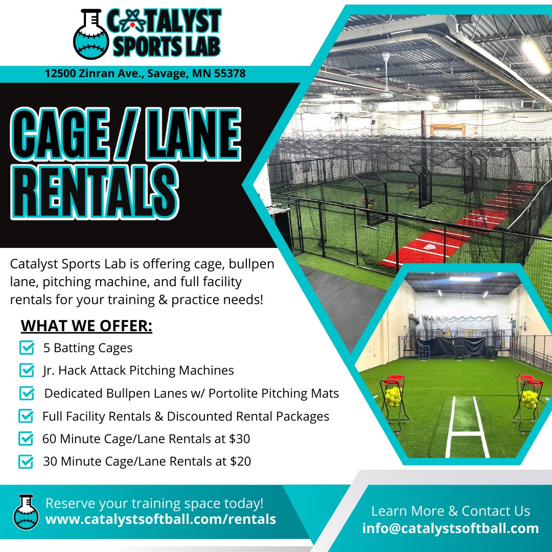 CatalystLab_'s tweet image. The Lab is OPEN for rentals! Come get work in at our brand new facility located in Savage, MN. Open for hitting, pitching, throwing, team training, and for any and all of your training &amp;amp; practice needs! 📈💪

Book your rental today ➡️ catalystsoftball.gymmasteronline.com/portal/book/se…

🧵⬇️