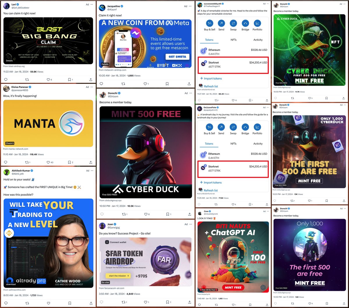 Cryptocurrency/NFT spam has become a recurring theme of advertising on X/Twitter in recent months. Over the course of a couple hours earlier today, I was served 12 different crypto spam ads, some of them repeatedly. cc: @ZellaQuixote