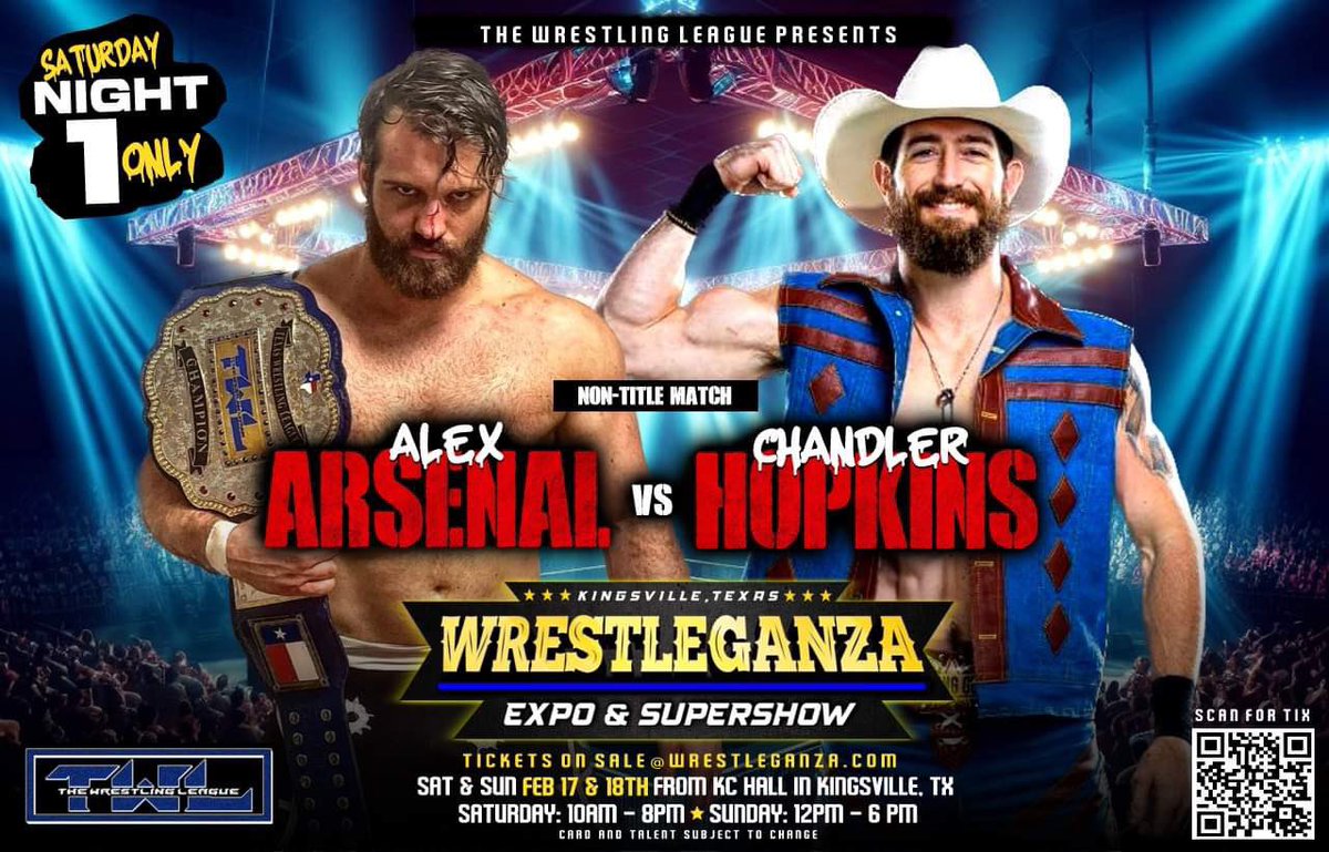 🚨🚨TALENT ANNOUNCEMENT ‼️📣

WrestleGanza just got a whole lot more interesting!! 
The TWL champion Bulletproof Alex Arsenal  will be facing The Young Gun Chandler Hopkins the first day!! You don’t want to miss this match!! 🔥 pew pew! See y’all there! #wrestling #champion #like