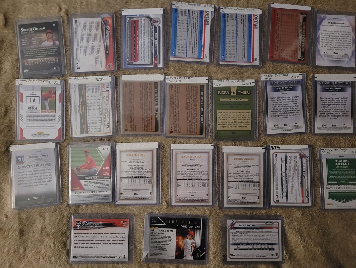 StveLikesStuff's tweet photo. Here's a first batch of Ohtani. 
Acuna, Alonso, Quinn and Jack Hughes, Panarin next. 

US $260 
CAN $350

Lots of freebies, and they are 10s. I keep my collection clean and protected

#Ohtani #MLB #Cards #Hobby https://t.co/jCtz6da9ub