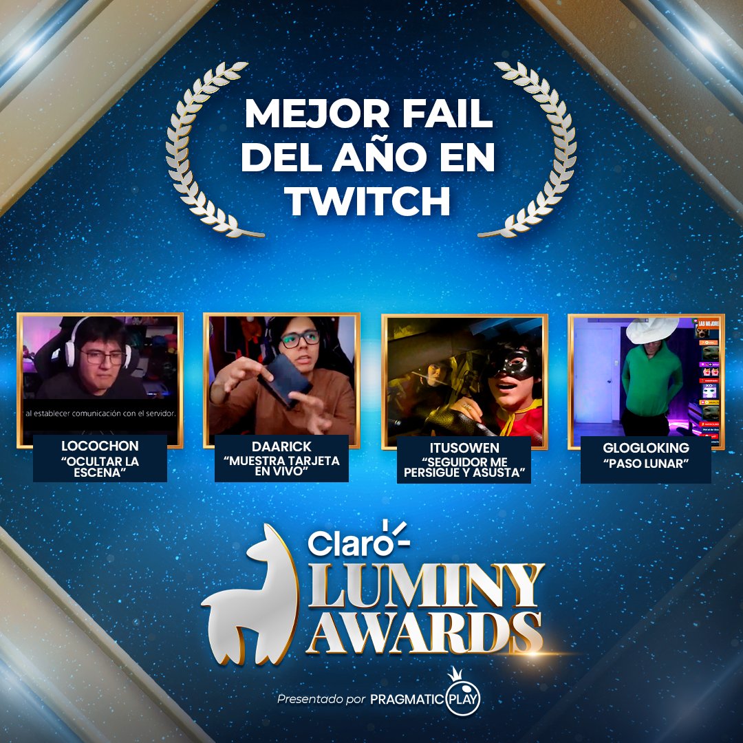 🎥🎬Los 4 NOMINADOS al mejor FAIL DEL AÑO en TWITCH

- <a href="/locochoncin/">Locochon</a> 
- <a href="/TheDaarick28/">Daarick</a> 
- <a href="/iTusOwen/">iOwen_</a> 
- <a href="/KingGloglo/">Glogloking</a> 

#LuminyAwards 🦙