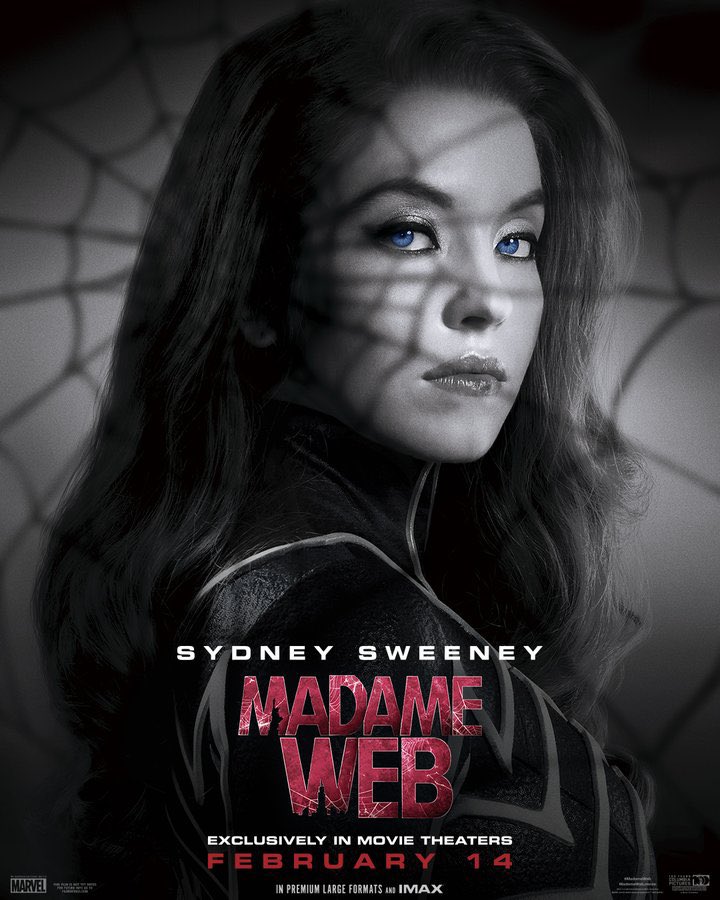 다코타 존슨 × 시드니 스위니 × 이사벨라 메르세드 × 셀레스트 오코너 영화 '마담 웹 (Madam Web)' 캐릭터 포스터. 우연한 사고로 미래를 볼 수 있게...