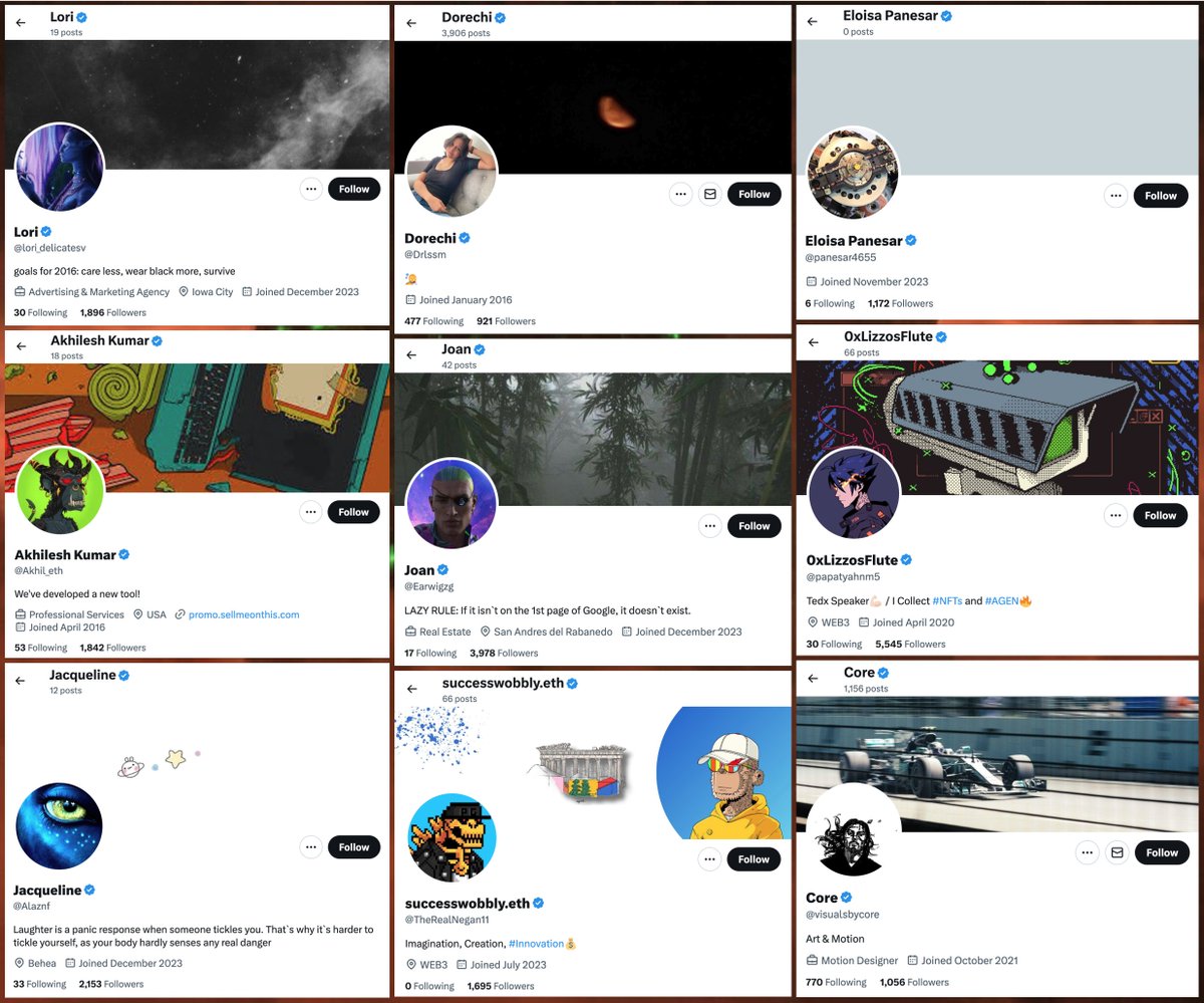 These 12 spam ads were posted by 9 distinct accounts: @Drlssm, @Akhil_eth, @papatyahnm5, @visualsbycore, @TheRealNegan11, @panesar4655, @Earwigzg, @lori_delicatesv, and @Alaznf. Weirdly, @lori_delicatesv's bio mentions 'goals for 2016', despite the account being created in 2023.