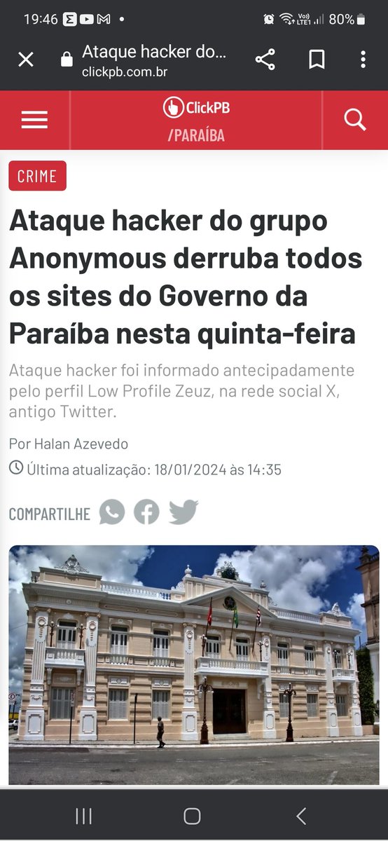 guedesluz's tweet image. Ataque hacker aos sites do governo do Estado da Paraíba hoje, dia 18/01/2024.

Segurança cibernética tem de ser uma preocupação diária em sites governamentais e não governamentais.

#ataquehacker 
#Paraíba
Fonte da foto: @portalclickpb