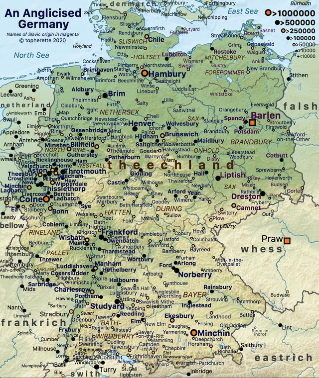 German place-names rendered into English (morphologically reconstructed with attention to ultimate etymology and sound evolution processes). See comments for explanation! Source: buff.ly/2CUeWgx