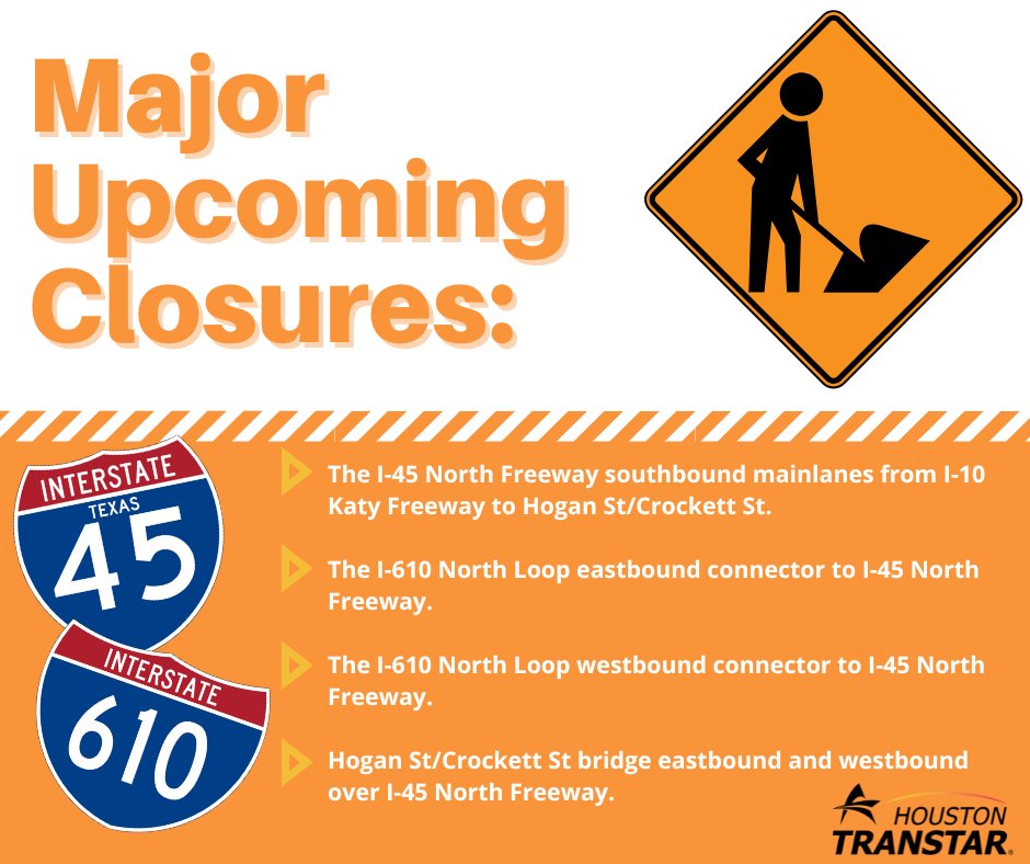 Houston TranStar (@houstontranstar) on Twitter photo 🚧 HEADS UP: <a href="/TxDOTHouston/">TxDOT- HOU District</a> crews will continue bridge repairs on the Hogan Street Bridge over I-45 North Freeway beginning at 9 PM Friday, Jan 19 through 5 AM Monday, Jan 22. There will be several lane closures taking place to facilitate the repairs.
The closures are as follows: 🚧 HEADS UP: <a href="/TxDOTHouston/">TxDOT- HOU District</a> crews will continue bridge repairs on the Hogan Street Bridge over I-45 North Freeway beginning at 9 PM Friday, Jan 19 through 5 AM Monday, Jan 22. There will be several lane closures taking place to facilitate the repairs.
The closures are as follows: