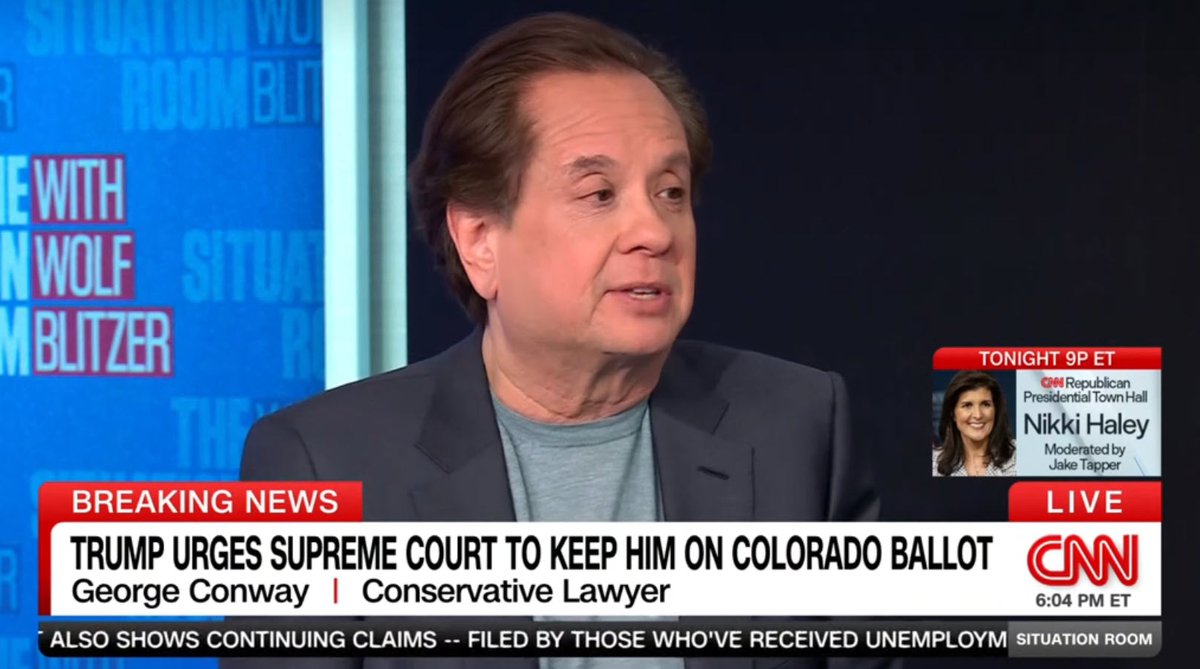 Media: @gtconway3d to @wolfblitzer on the brief that #Trump's attorneys have filed with #SCOTUS: 'I think that what they're going to try to do is raise the bar as high as possible on what it means to engage in an insurrection -- like you have to take up arms or you have to engage…