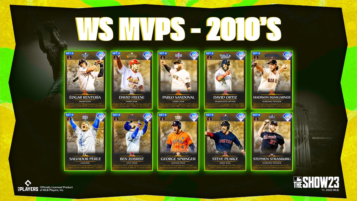 AMEN4MVP's tweet photo. THE WILLIE MAYS WORLD SERIES MVP'S! 🏆

Every WS MVP recipient from 1990 to 2019 in Diamond Dynasty. 💎

If @MLBTheShow implemented retro postseason cards, which World Series MVP's would you like to see? 🤔 
(Concept)

#MLBTheShow https://t.co/NfBDYxCxno