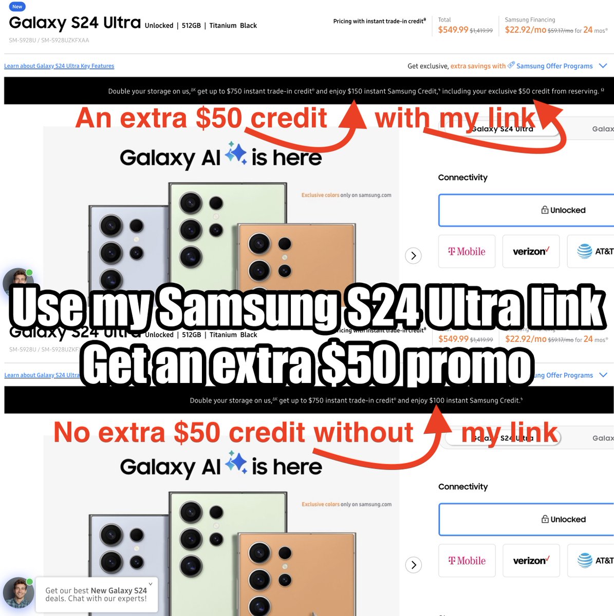 mattswider's tweet photo. 🚨Remember: $50 exclusive Samsung promo credit if you buy #GalaxyS24 Ultra, S24+ or S24 via my links. Image proves it: My link vs Samsung's store w/o my link

Galaxy S24 Ultra
https://t.co/stkQzerWic

S24+
https://t.co/Eg1NX2qg9s

S24
https://t.co/v1AanWyOwd

Good luck!