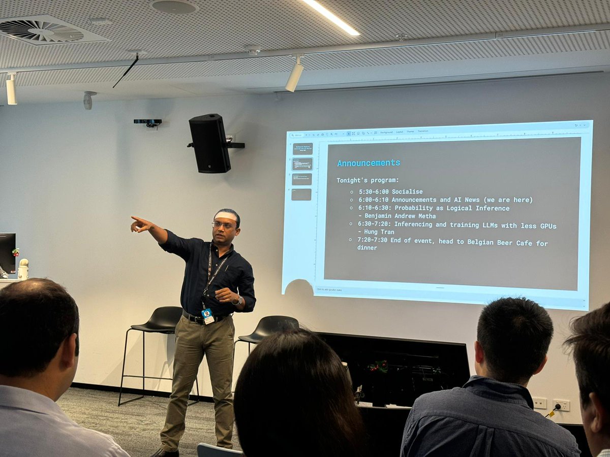 rajeshmathur's tweet image. It was amazing to host the #MLAI meetup at @Microsoft Melbourne office.
Talks were on training LLMs with less GPU, and on probability as logical inference.

The room was full of people and we had to close the RSVPs one they reach 150.