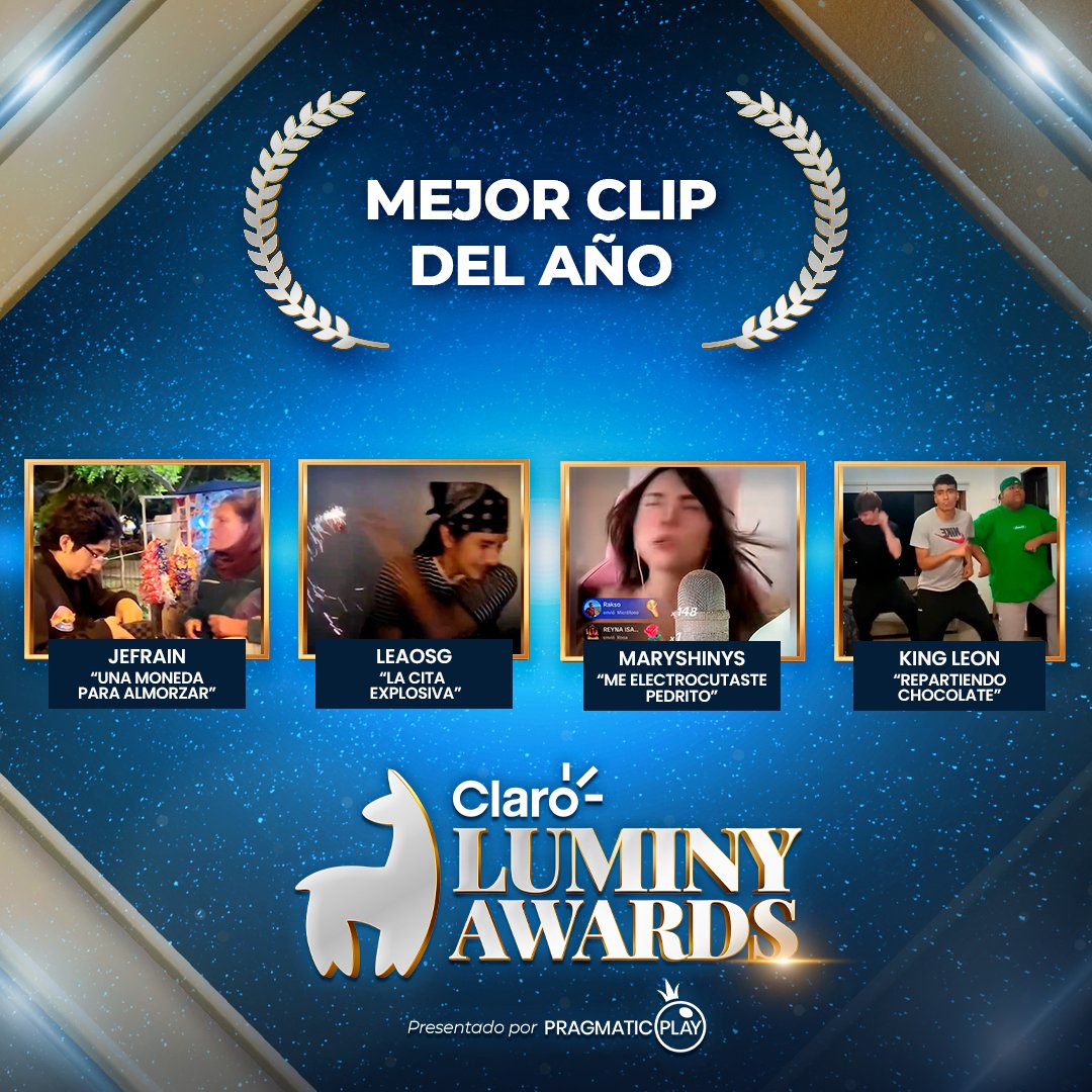 LaNocheDorada's tweet photo. 🎥🎬Los 4 NOMINADOS al mejor CLIP DEL AÑO

- @jefrainn 
- @leaoosg 
- @maryshinys 
- @Kingleon____19 

#LuminyAwards 🦙 https://t.co/fT57Net91h