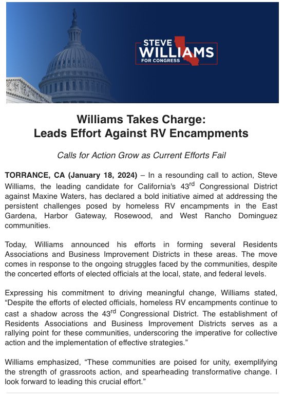 Solutions by uniting, not dividing! 🇺🇸

Ballots start arriving in mailboxes February 5, 2024.

Remember to Vote Steve Williams , U.S. Representative, 43rd District.

#compton #southlosangeles #gardena #eastgardena #rosewood #westranchodominguez #homeless #takebackourstreets