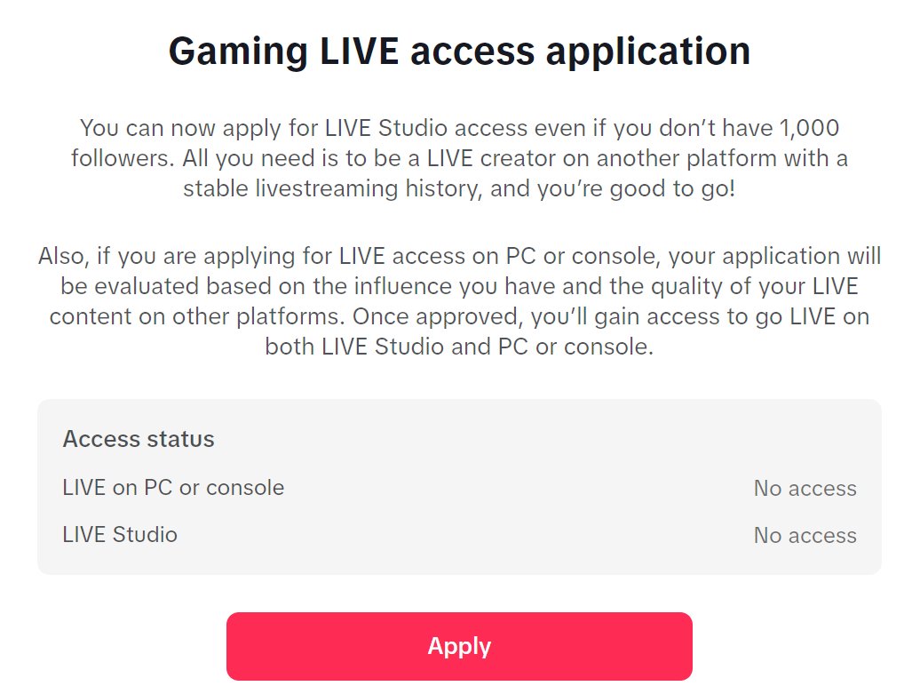 TikTok appears to be letting any gamers, regardless of follower count, apply to access streaming on TikTok Live, as long as they have a stable history of streaming on another platform.

tiktok.com/falcon/live_g/…

#StreamerNews #TOSgg