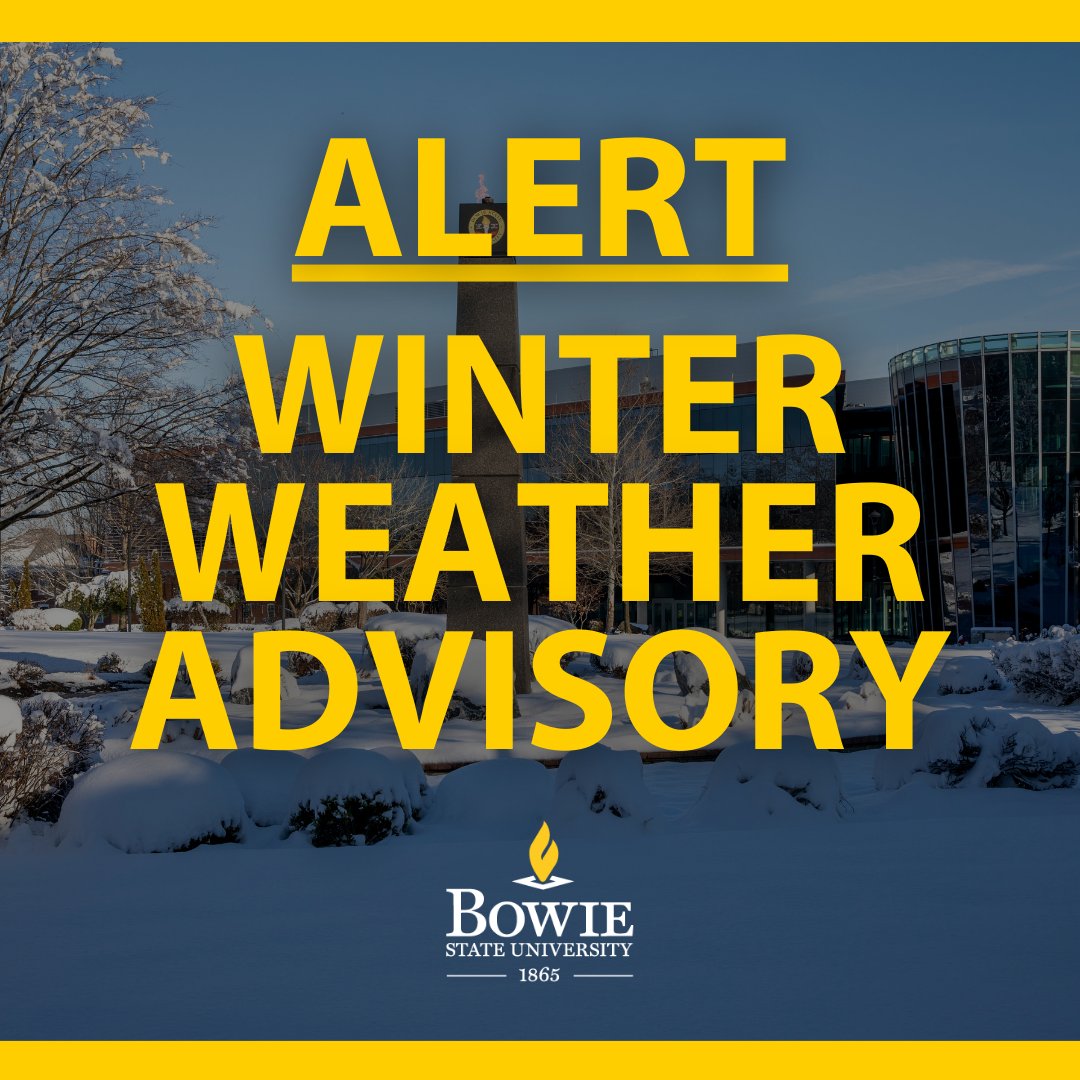 🚨 Campus Weather Alert 🚨 Due to the anticipated inclement weather, Bowie State's campus will be closed on Friday, January 19, 2024. All classes and office operations will be virtual. All campus activities are canceled. Stay safe, Bulldogs!