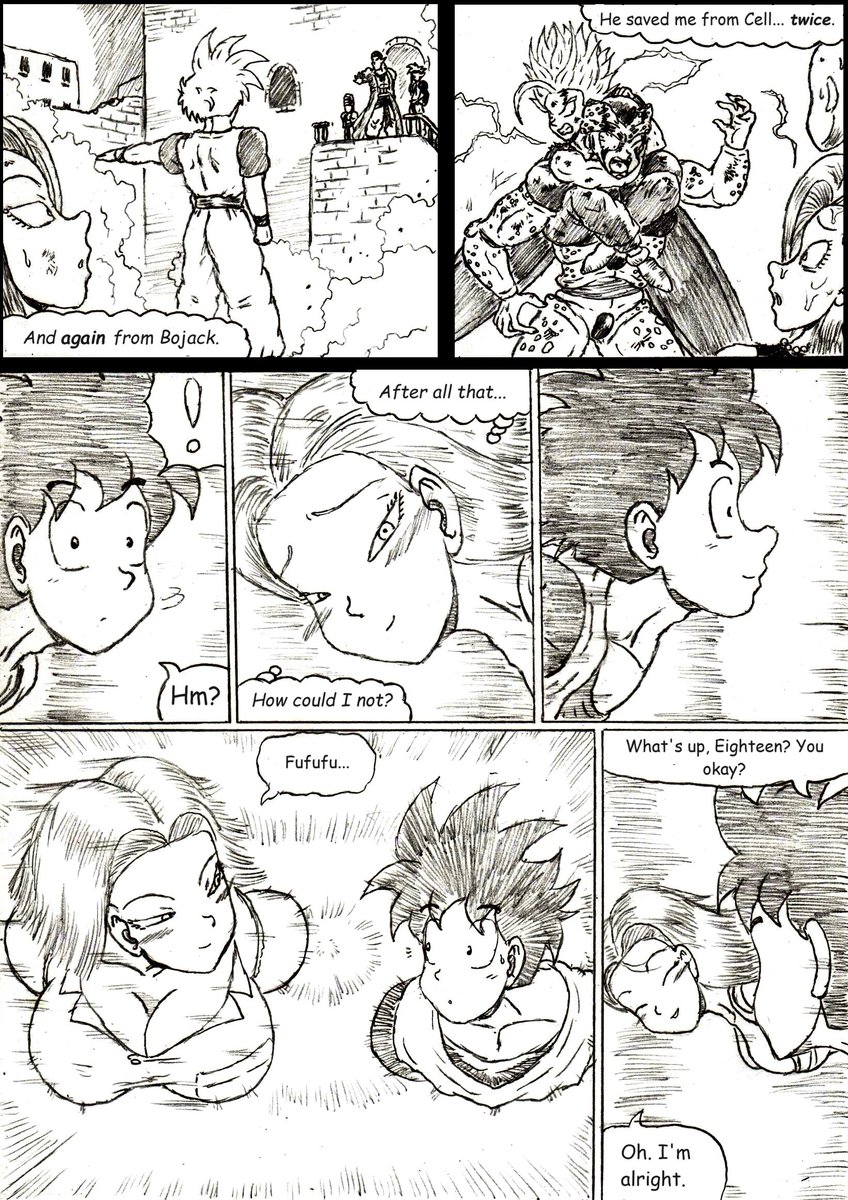 FictionWrite's tweet photo. DRAGONBALL Z Golden Age - Chapter 10 - Contract Conquerors - Page 43 - This is the page I made a video on my youtube channel creating, so we've finally gotten to this point. :)

We get to see where Android 18s interest and affection for Gohan stems from... https://t.co/3ZRnwsaQZz