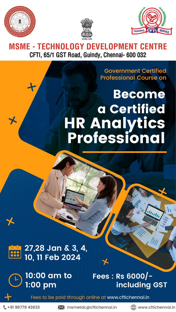 Become a Certified HR Analytics Professional with this Gov't Certified Course:

➡️ Dates: Jan 27-28 & Feb 10-11
⏰ Time: 10 AM - 1 PM

Limited seats! Contact +91 96779 43633 to secure yours.

#HRAnalytics #HRProfessionals #MSME #MSMEChennai