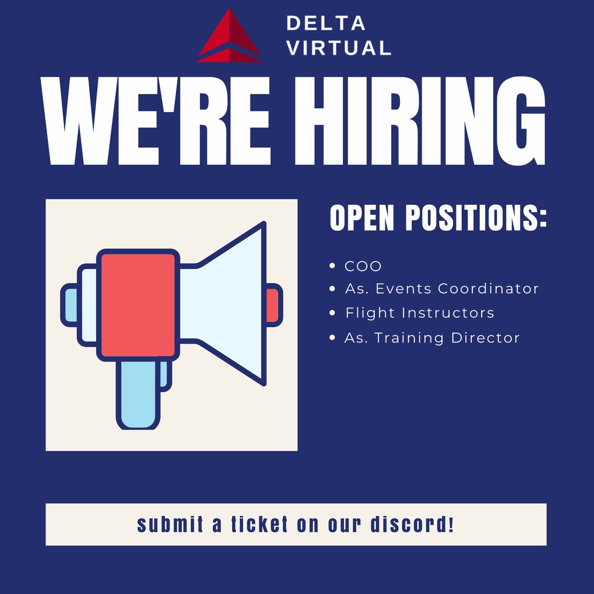 DeltaVirtual1's tweet image. Hello Everyone! I hope the New Year is treating you all well!

As we expand operations we're looking to fill some staff positions! If you feel like you'd be a good fit submit a support ticket in our discord! 

#flightsim #msfs #p3d #xplane #VA #virtualairline