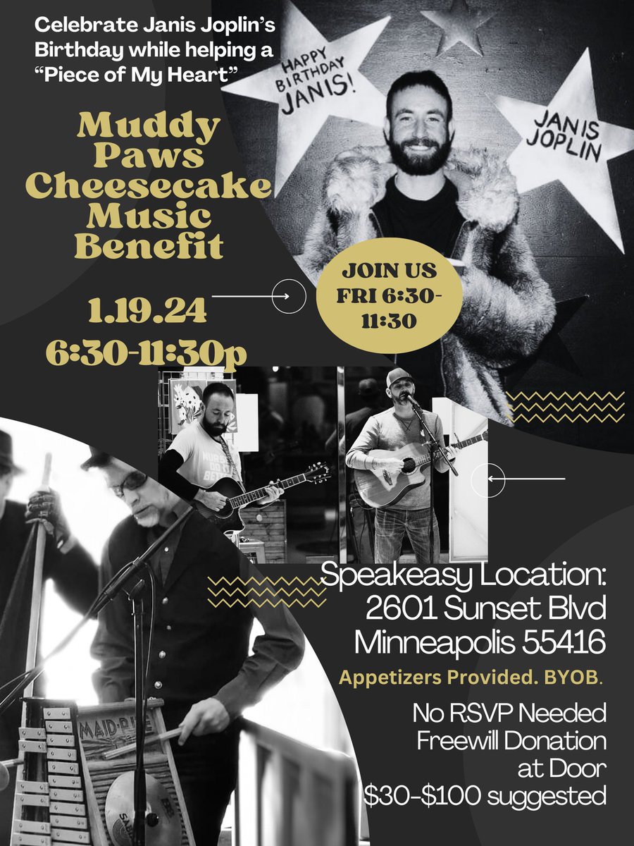 TJCabrera's tweet image. Tomorrow night 1/19, come to the Music Benefit for Muddy Paws Cheesecake 6:30-11:30p! Freewill Donation at door. No rsvp needed. 3 bands, food, speakeasy private venue, byob. Info:
muddypawscheesecake.com/blogs/business…

#savemuddypaws 
#minneapolis