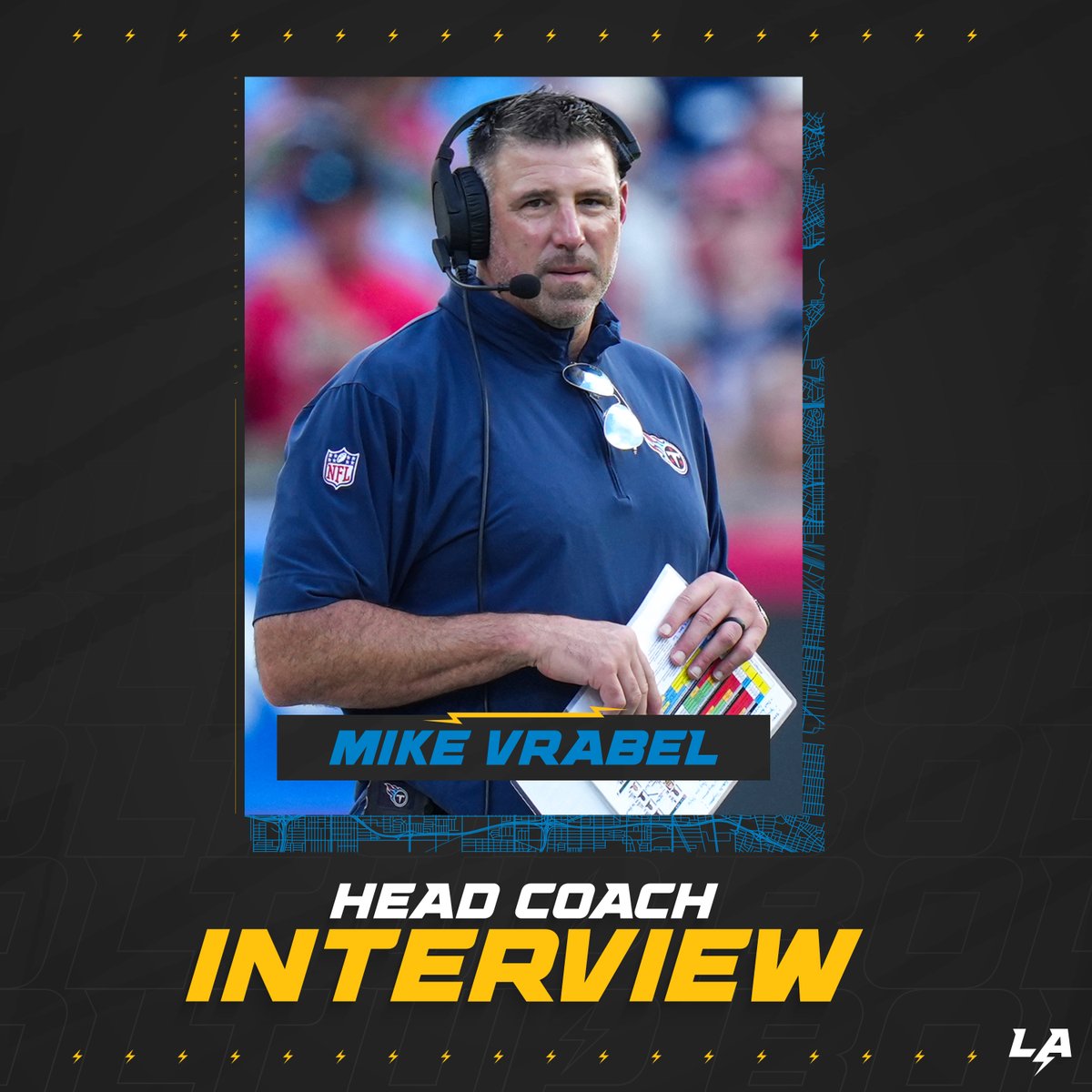 chargers's tweet photo. we’ve completed an interview with Mike Vrabel for head coach

→ https://t.co/oUNsocmQrK https://t.co/b8xeHy5wQs