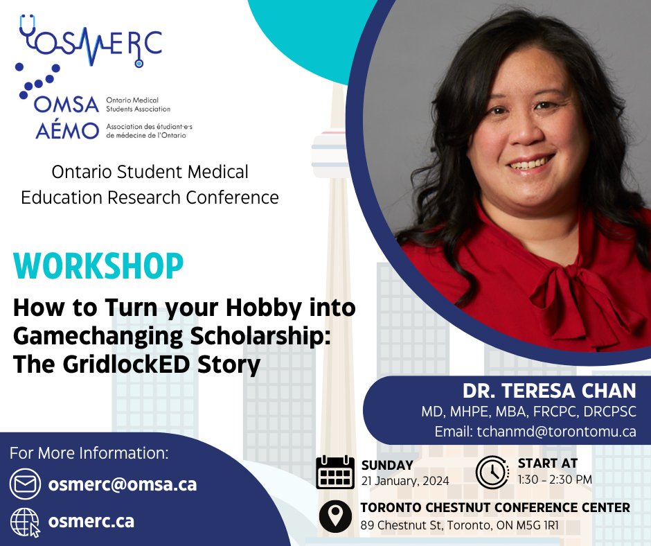 OSMERC 2024 (@osmerc2) on Twitter photo Excited to announce Dr. Teresa Chan <a href="/TChanMD/">Teresa Chan | 陳敏怡</a> as our esteemed workshop leader at OSMERC this year! 🎉 Join us for her captivating presentation, "How to Turn your Hobby into Game-changing Scholarship: The GridlockED story", from 1:30 - 2:30 PM, on January 21st! Excited to announce Dr. Teresa Chan <a href="/TChanMD/">Teresa Chan | 陳敏怡</a> as our esteemed workshop leader at OSMERC this year! 🎉 Join us for her captivating presentation, "How to Turn your Hobby into Game-changing Scholarship: The GridlockED story", from 1:30 - 2:30 PM, on January 21st!