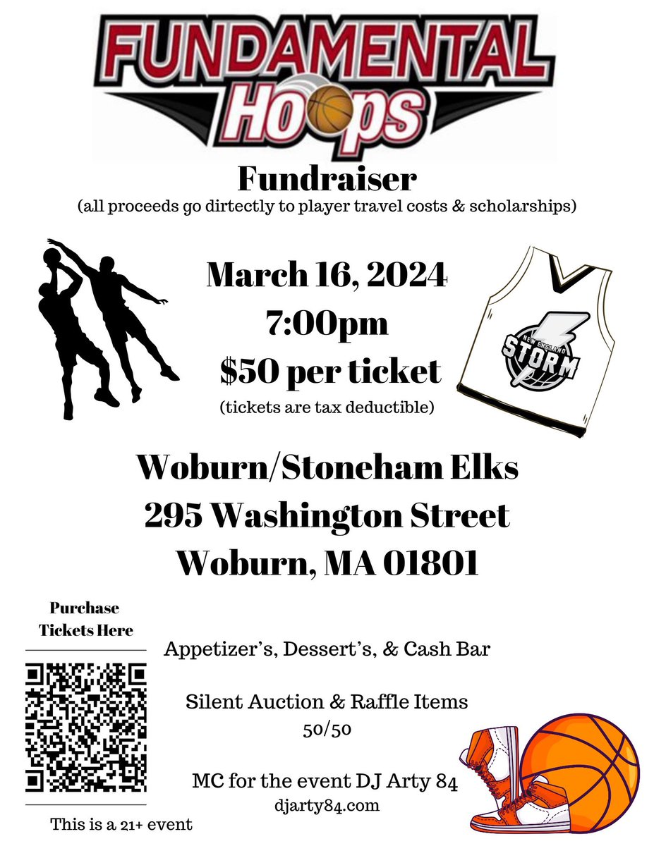 FndmntlHoops's tweet photo. 🚨 Mark your calendars for March 16th as we have a great fundraiser event planned + a night of fun.  Music by DJ Arty, Silent Auctions, Raffles, and food at the Woburn/Stoneham Elks. 

Businesses interested in donating auction items feel free to DM us. 

https://t.co/qElCw4z7Xk https://t.co/B9eLja6hVx