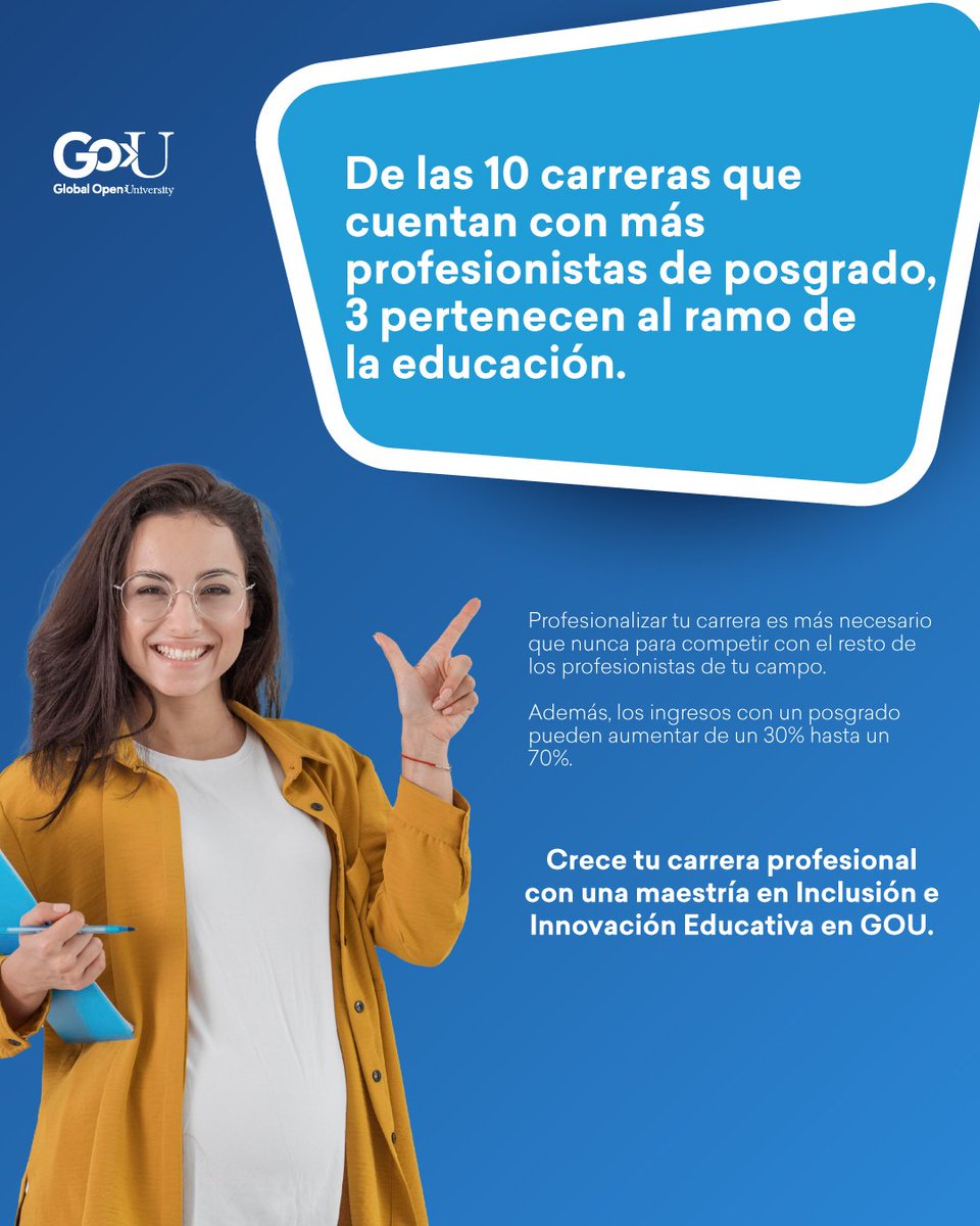 GOU_Mx's tweet photo. Si estudiaste Pedagogía, Ciencias de la Educación o símiles, es momento de crecer tu carrera profesional con un posgrado, ¡se un profesionista competitivo! 👩‍🎓👨‍🎓
Con GOU puedes lograrlo: 👇🤓
https://t.co/JP9BoEGIpW https://t.co/JNkzFjwPLE