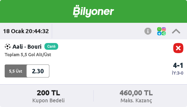 1 maçlı 2,30 oranlı Bilyoner kuponum reklamın kötüsü olur. 3.5 üst oynatıp 5.5 üst oynatan kurum emeğinizi heba eder artık #nesine deyim bilyoner.com/iddaa/kupon/d0… #Bilyoner #iddaa #canlı