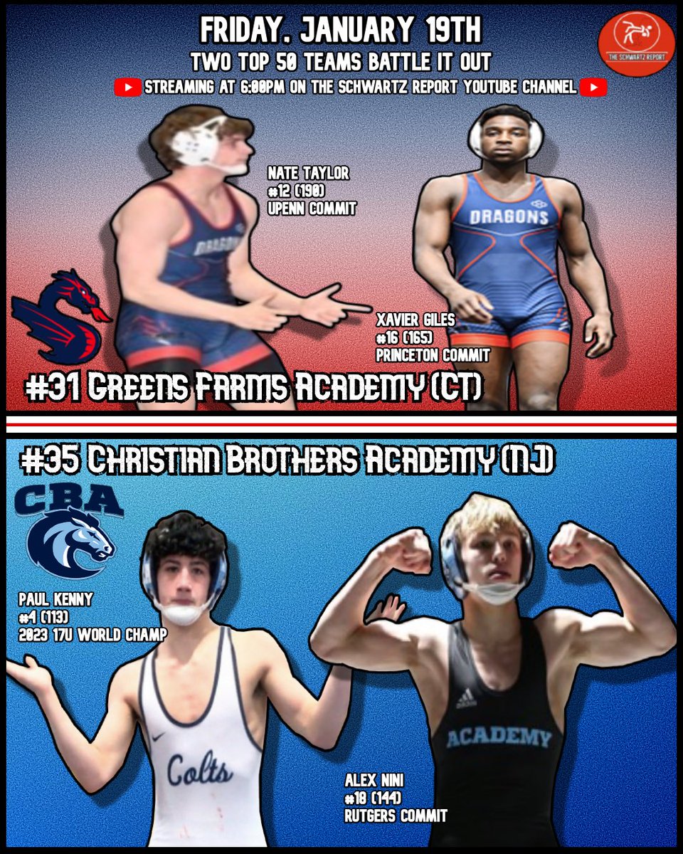 TOMORROW, two teams ranked in <a href="/MatScouts1/">MatScouts</a> Top 50 face off. 
No. 31 Greens Farms (CT) hosts 
No. 35 Cristian Brothers (NJ) you can catch the dual LIVE at 6 on the Schwartz report YouTube channel
