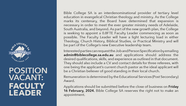 TimPatrick's tweet image. Two jobs going at Bible College SA! Perhaps one would be good for you or someone you know?
.
Please share with anyone whom you think could be a good fit.