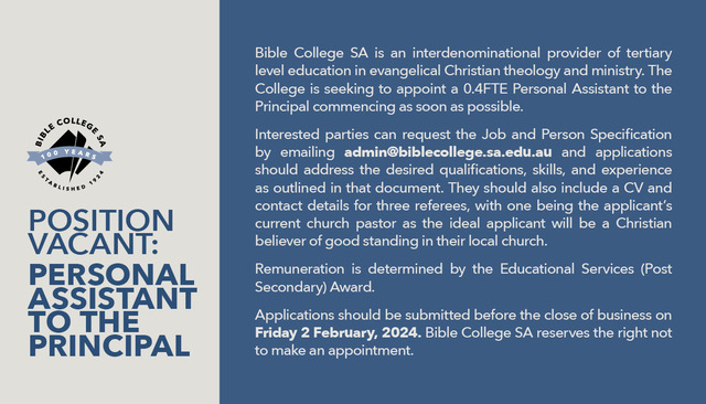 TimPatrick's tweet image. Two jobs going at Bible College SA! Perhaps one would be good for you or someone you know?
.
Please share with anyone whom you think could be a good fit.