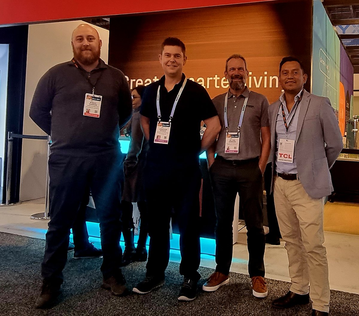Continuing the coverage of CES 2024, the Amber team had a chance to connect with our manufacturing partner One for All (<a href="/UEIcorporate/">UEI</a>) for a glimpse of what lies ahead for our highly respected retail brand. L-R: Robert Glasson, Jonathan Hooker, Phil Simmons, Alberto Zamudio